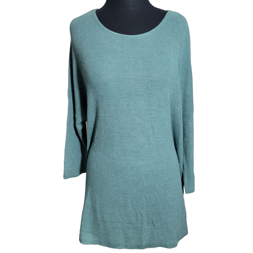 Pure Jill Green 3/4 Sleeve Ribbed Knit Linen Blend Pullover Women's Tunic Size L